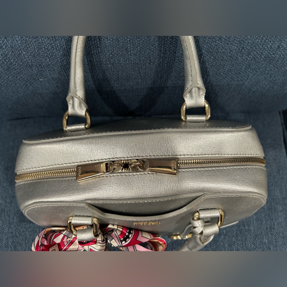 Furla Metallic Silver Leather Satchel with  Bag Scarf - Picture 4 of 13